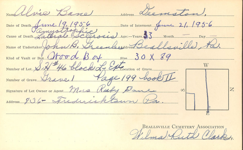 Alvie Bane burial card